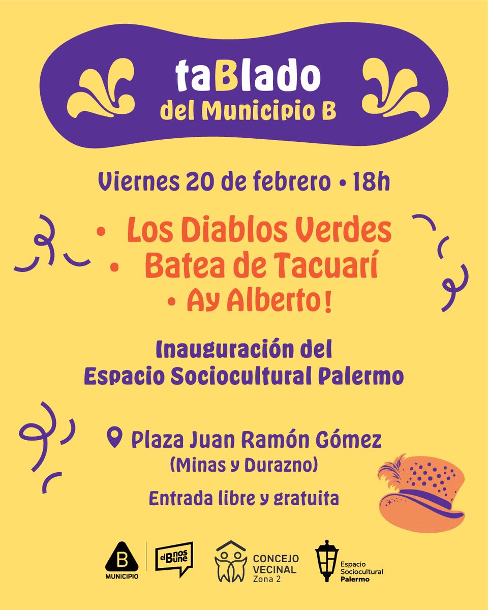 🎉 Hoy tenemos tablado en la Plaza Juan Ramón Gómez!
Además, inauguramos el Espacio Sociocultural Palermo, cogestionado con y para la comunidad.
Un nuevo espacio abierto para el encuentro en Palermo!
Venite a disfrutar del carnaval y a construir barrio!
Porque el B nos une 💚