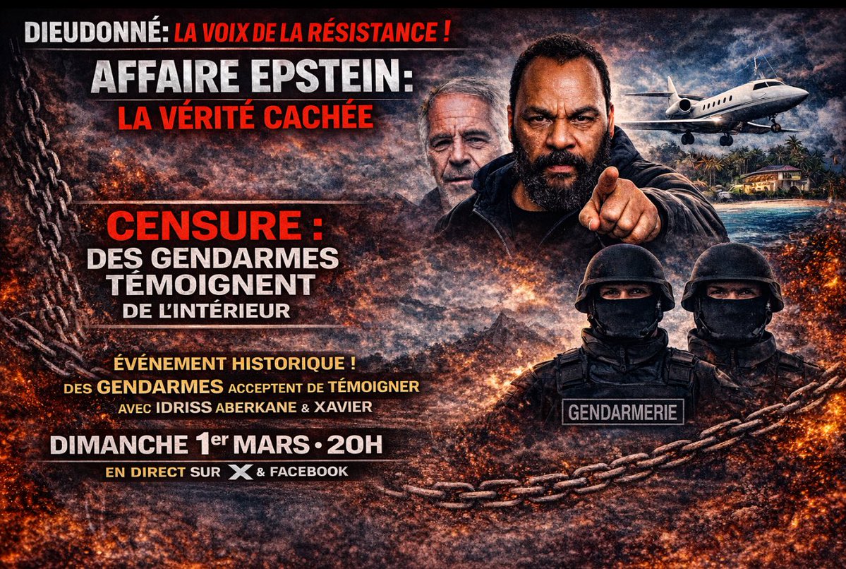 MbalaDieudo's tweet image. Près de 500 000 spectateurs en deux lives du jamais vu en France. Le pouvoir tremble.Cette fois, des gendarmes brisent le silence et dévoilent la machine mise en place pour faire taire Dieudonné.Mobilisation d’État, pression maximale.Dimanche 1er mars 20h. dieudosphere.com