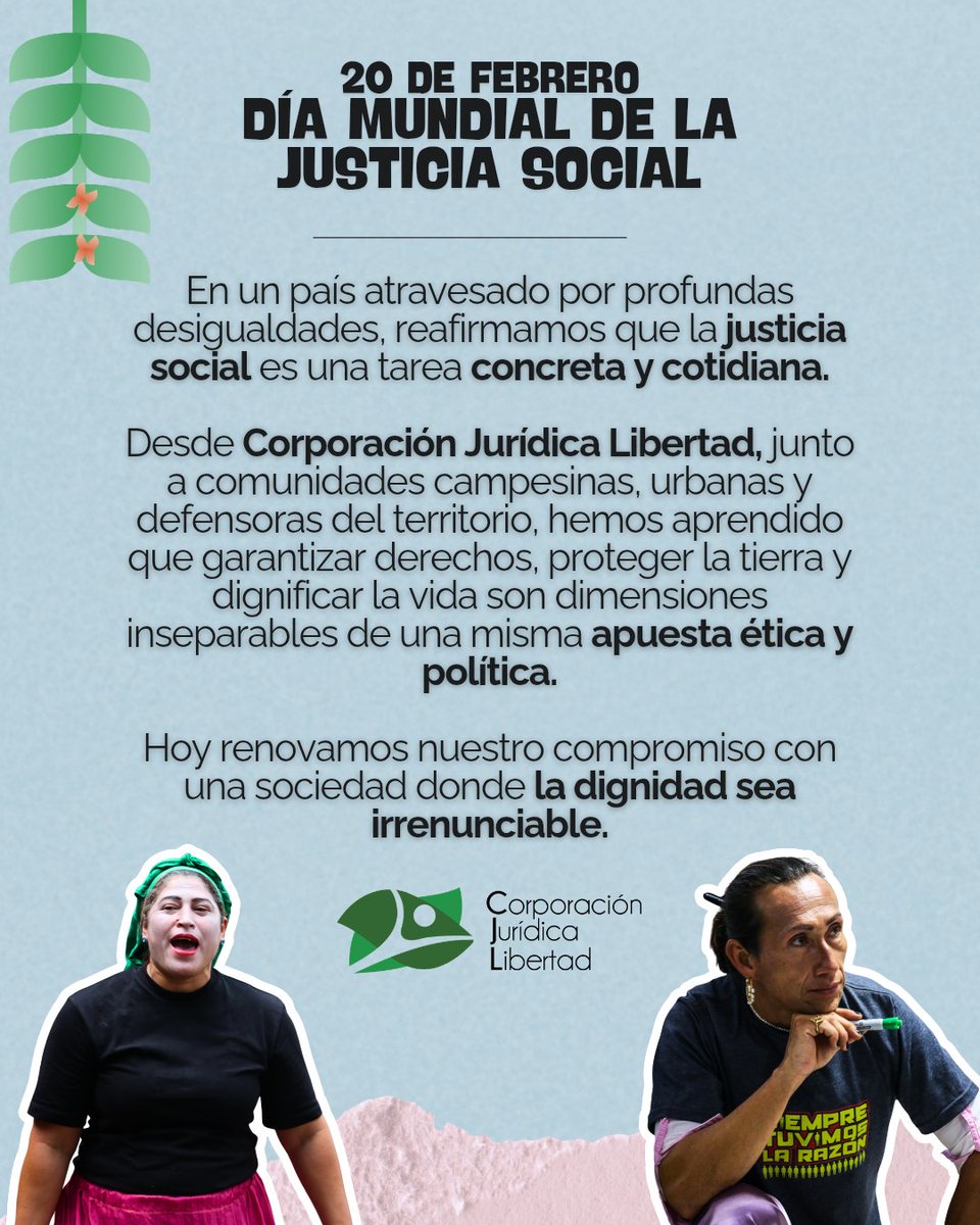cjlibertad's tweet photo. 🌎 Durante años, las comunidades campesinas, urbanas y defensoras del territorio han sostenido procesos organizativos que hacen posible hablar de #JusticiaSocial desde la experiencia concreta.  Desde la CJL reconocemos y reafirmamos ese trabajo colectivo que no se detiene. https://t.co/NkPK4Hk8as
