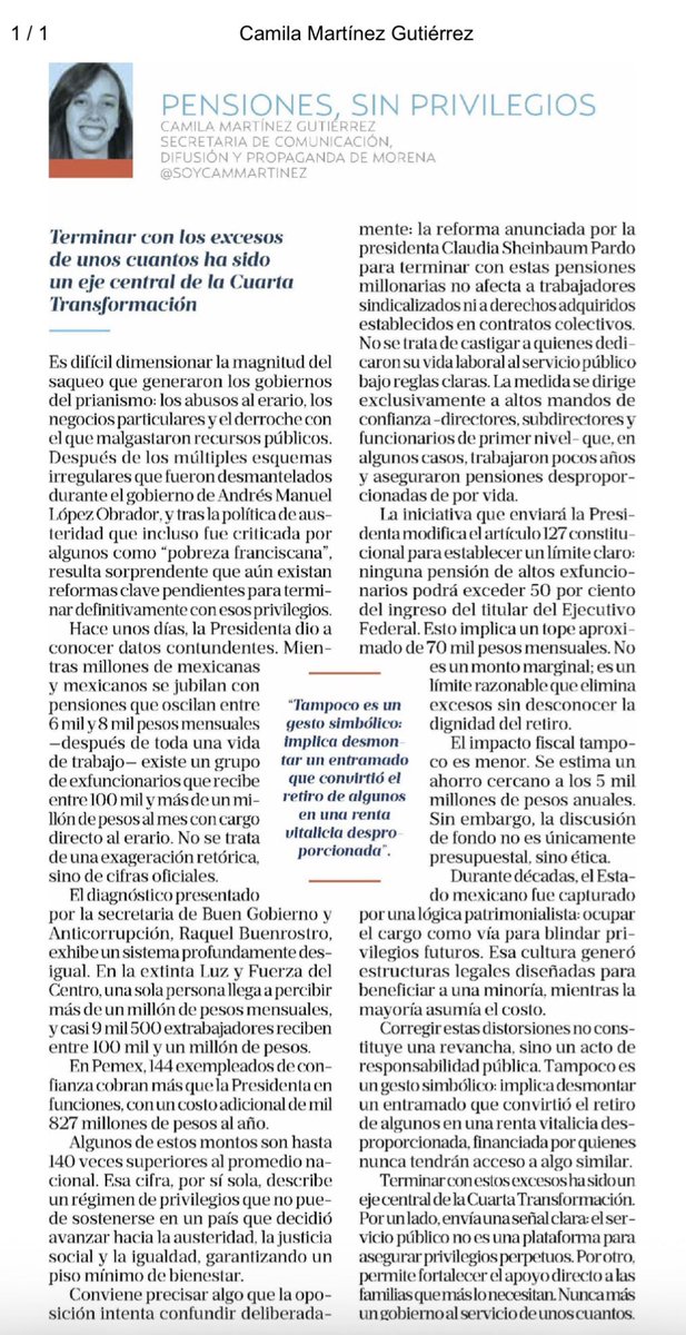 ¿Sabías que mientras millones se jubilan con 6 u 8 mil pesos, hay exfuncionarios que cobran hasta un millón al mes del erario? Son datos oficiales.

La reforma al 127 constitucional pone un límite: nadie por encima del 50% del salario presidencial.

Se acabaron los privilegios.