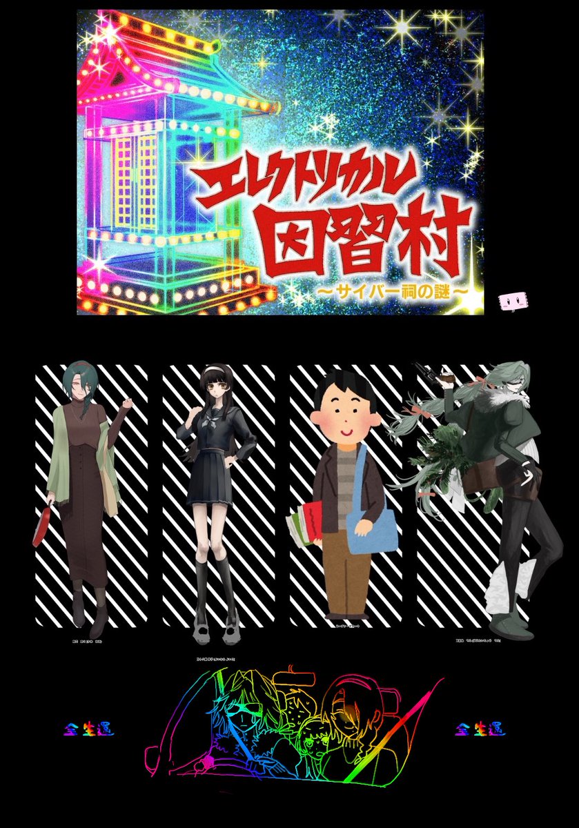 CoC「エレクトリカル因習村〜サイバー祠の謎〜」
KP : すいみん
PC:
　華亞 真々(かんがる)
　四十八願 宵子(さば)
　スーダン・マサーキ(ぷぴぴ)
　蜂蠆鳥 てふ(ゆうれい)

　全生還❤️🧡💛💚🩵💙💜🩷

楽しかったー！！！エレクトリカル感謝です！