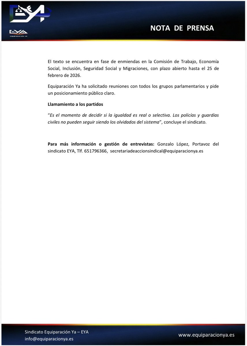 EYA registra en el <a href="/Congreso_Es/">Congreso</a> una enmienda para corregir la desigualdad en las #Jubilaciones de 🚨policías y guardias civiles🚨
La Proposición de Ley reconoce por primera vez que #ClasesPasivas no cotiza como la #SeguridadSocial pero excluye incomprensiblemente a las #FFCCSE