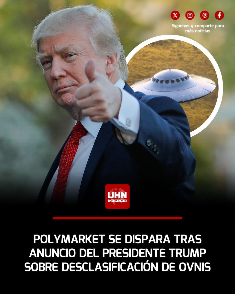 🇺🇸‼️ | Las proyecciones en Polymarket registraron un fuerte repunte luego de que el Presidente Donald Trump anunciara que ordenará iniciar la desclasificación de archivos relacionados con FANI, OVNIs y posible vida extraterrestre.