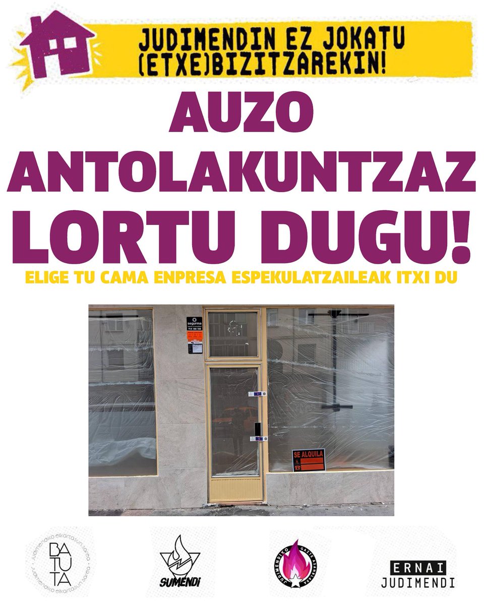 BatutaSare's tweet photo. AUZO ANTOLAKUNTZAZ LORTU DUGU 👏🏾

"Elige tu cama" negozio espekulatzailea itxi dugu✊🏽

AUZO ANTOLAKUNTZAK MEREZI DU🤘🏾

Datorren ostiralean, otsailaren 27an agerraldia 18:30ean Medico Tornay plazan. https://t.co/RmnT6eF7r8