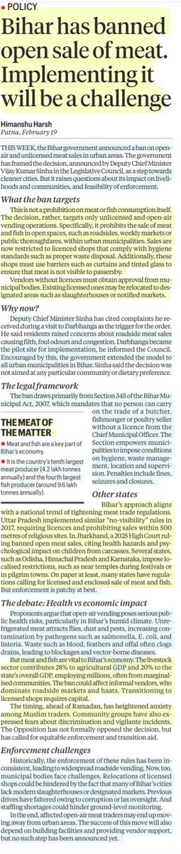 imRavikantYadav's tweet image. Bihar has banned open sale of meat. Implementing it will be a challenge

:Details by Sh Himanshu Harsh
@ClarkKentIGuess 

#Bihar #OpenMeatSaleBan
#meat 
#Law

#UPSC 

Source: IE
