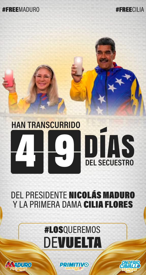 TurenApcPsuv's tweet image. #20Febrero
Presidente @NicolasMaduro y la Primera Combatiente @ConCiliaFlores, 49 DÍAS SECUESTRADOS, siendo para el pueblo venezolano y el mundo, ejemplo de dignidad y firmeza antiimperialista; por ellos #NecesarioEsVencer.
#FreeMaduroAndCilia #BringThemBack 
@delcyrodriguezv