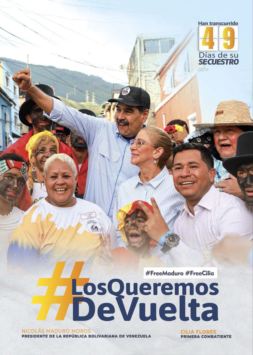TurenApcPsuv's tweet image. #20Febrero
Presidente @NicolasMaduro y la Primera Combatiente @ConCiliaFlores, 49 DÍAS SECUESTRADOS, siendo para el pueblo venezolano y el mundo, ejemplo de dignidad y firmeza antiimperialista; por ellos #NecesarioEsVencer.
#FreeMaduroAndCilia #BringThemBack 
@delcyrodriguezv