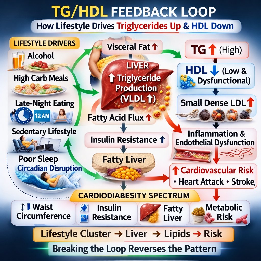TG/HDL Ratio — What This Pattern Means Clinically

When triglycerides remain elevated and HDL stays low, the pattern often reflects more than a lipid imbalance. It frequently mirrors changes in body composition and metabolic signaling.

One of the earliest visible indicators is