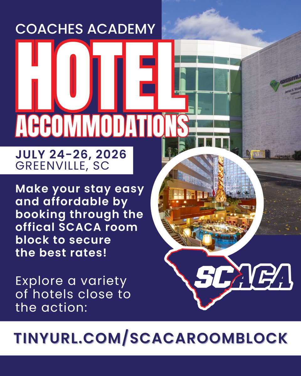 CarolinaCoaches's tweet image. Make your plans for the 2026 Coaches Academy complete by reserving your hotel accommodations for July 24–26. 🏨✨

🔗 sccoaches.org/hotel-accommod…

#scsports #southcarolinasports #studentathletes #highschoolcoaches #coaches #highschoolsports #southcarolina #schighschools