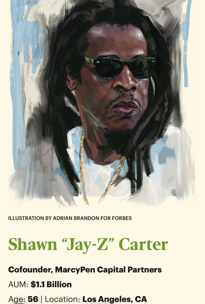 Investment firm: MarcyPen Capital Partners

Co-founder: JAŸ-Z 

AUM [Assets Under Management]: $1.1B
<a href="/ForbesBLK/">ForbesBLK</a>