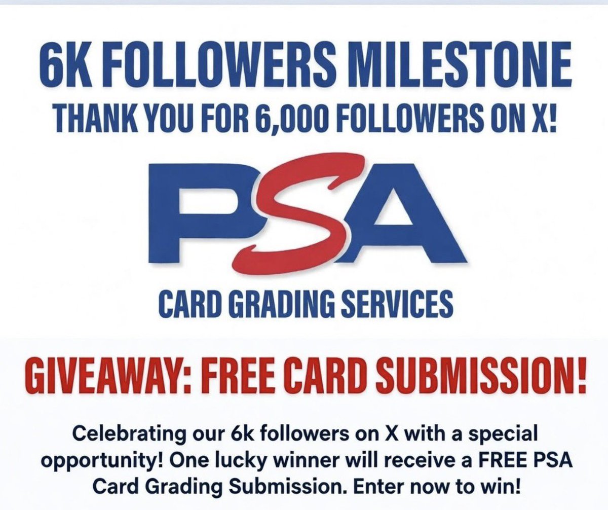 🚨 6,000 Follower Giveaway🚨

We are nearly 6k followers here in X, so in celebration of this milestone I want to run another giveaway.

I will be giving away a Free 1-Card PSA submission to a lucky winner. 

Follow
Like
RT

Winner will be selected once the 6,000 mark is hit.