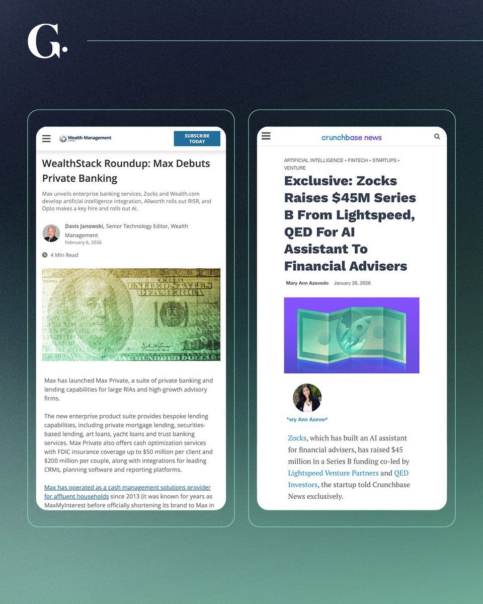 Gregory_Agency's tweet photo. Now presenting our #FintechFriday series!
With guidance from Gregory’s fintech team (Kyle W. Kempf, Caryn Brownell, Ellie Ireton, & Rylie Kelley), @Zocksio announced its $45M Series B with an exclusive in @Crunchbase, then built momentum with dozens of additional placements across top business, investor, wealthtech, and fintech outlets like @wealth_mgmt.
Curious to hear more about the services we offer for fintech? Make sure you look for us at @FintechMeetup; we’re proud partners and sponsors of the event. Register here: https://t.co/oAWIl29hYl