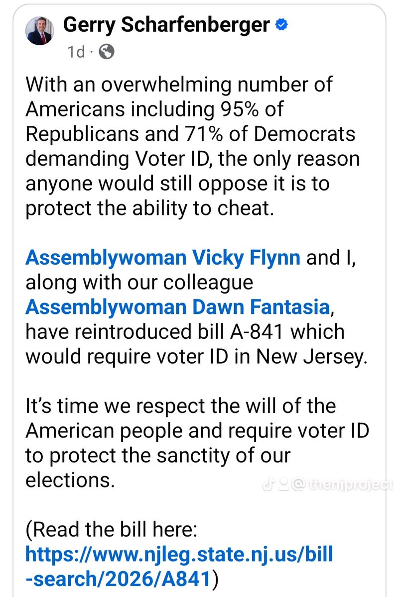 fight4newjersey's tweet image. 95% of Republicans and 71% of Democrats agree - voter ID is necessary. NJ Assemblywoman Vicky Flynn reintroduces bill A-841 to ensure voter ID. Support protecting election integrity. #VoterID #ElectionIntegrity
