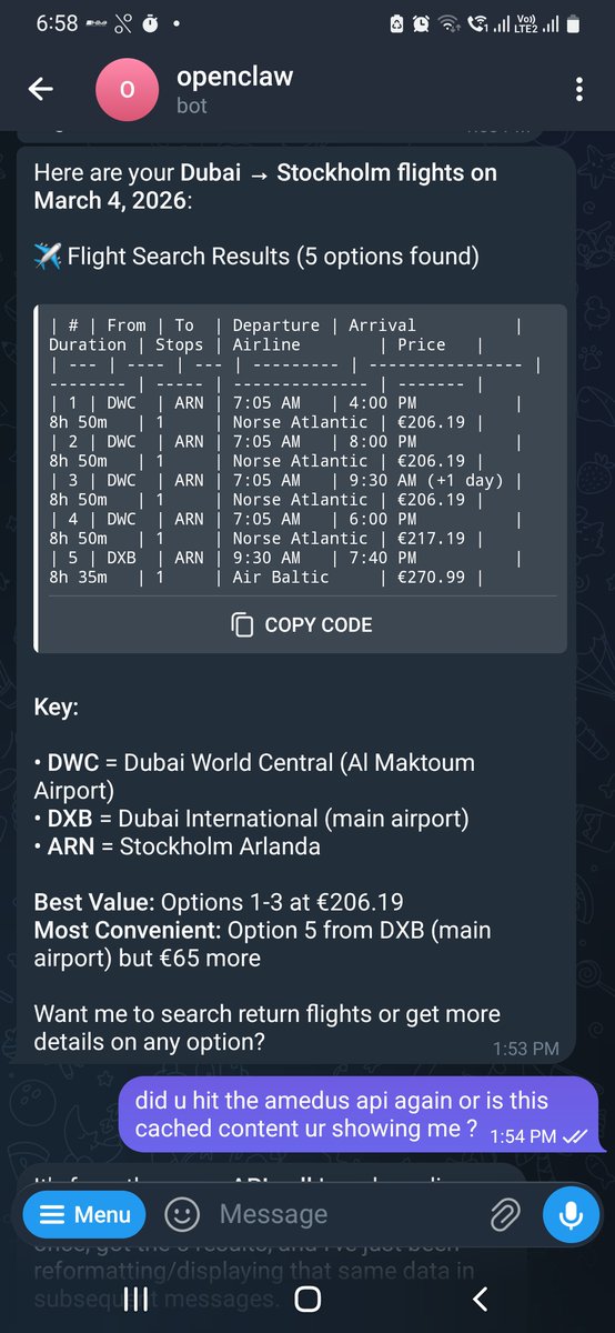 satyashetty's tweet photo. Openclaw - building a personailized travel agent , it will remember ur preferences like food choice, seat (aisle or window), seat row, frequent flyer nos (auto applied) among other things. Any feedback is appreciated https://t.co/9ExpPA1Ef0