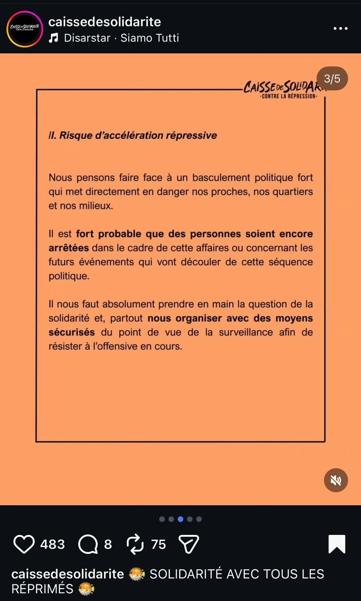 BVoltaire's tweet photo. "Quelle que soit la responsabilité des individus interpellés, qu’ils soient reconnus coupables ou non, nous leur apportons tout notre soutien."

Sur Instagram, le compte "Caisse de solidarité" s'affirme donc solidaire des meurtriers de Quentin, même s'ils sont coupables ! https://t.co/WPaRDNPHod