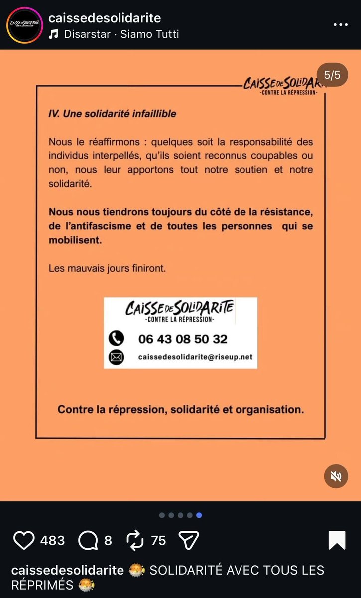 BVoltaire's tweet photo. "Quelle que soit la responsabilité des individus interpellés, qu’ils soient reconnus coupables ou non, nous leur apportons tout notre soutien."

Sur Instagram, le compte "Caisse de solidarité" s'affirme donc solidaire des meurtriers de Quentin, même s'ils sont coupables ! https://t.co/WPaRDNPHod