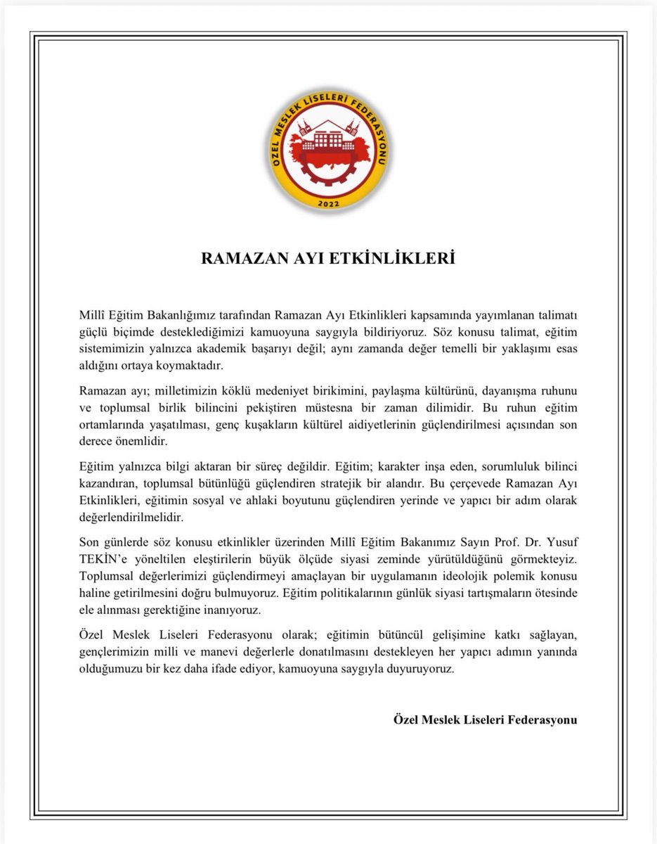 Millî Eğitim Bakanlığımız tarafından Ramazan Ayı Etkinlikleri kapsamında yayımlanan talimatı
güçlü biçimde desteklediğimizi kamuoyuna saygıyla bildiriyoruz. ⁦<a href="/RTErdogan/">Recep Tayyip Erdoğan</a>⁩ ⁦⁦<a href="/_cevdetyilmaz/">Cevdet Yılmaz</a>⁩ <a href="/tcmeb/">Millî Eğitim Bakanlığı</a>⁩ ⁦<a href="/Yusuf__Tekin/">Yusuf Tekin</a>⁩ ⁦<a href="/yilmaznazif/">Nazif Yılmaz</a>⁩ ⁦<a href="/malicevheri/">𝐃𝐫. 𝐌𝐞𝐡𝐦𝐞𝐭 𝐀𝐥𝐢 𝐂𝐞𝐯𝐡𝐞𝐫𝐢</a>⁩