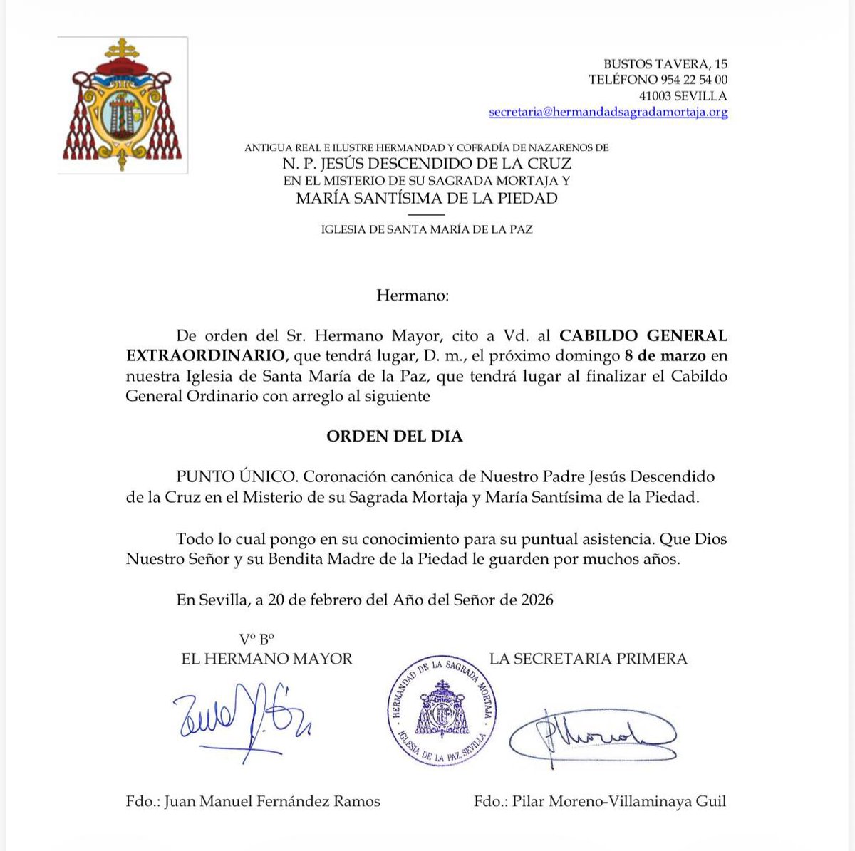Domingo 8 de marzo,
CABILDO GENERAL ORDINARIO DE CUENTAS Y MEMORIA, primera convocatoria 12,30 y segunda a las 13,00 horas.
A continuación CABILDO GENERAL EXTRAORDINARIO