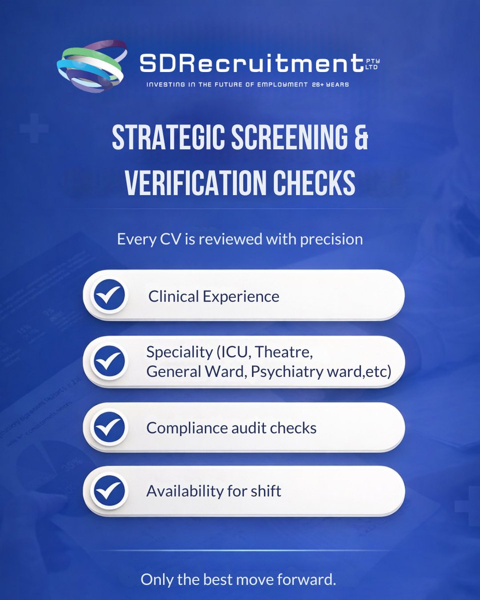 RecruitmentSd1's tweet photo. Choosing SD Recruitment means faster healthcare placements ⚡, clinically vetted professionals 🩺, and peace of mind knowing your patients are in capable hands 🤍 https://t.co/ROWYFEm5wf