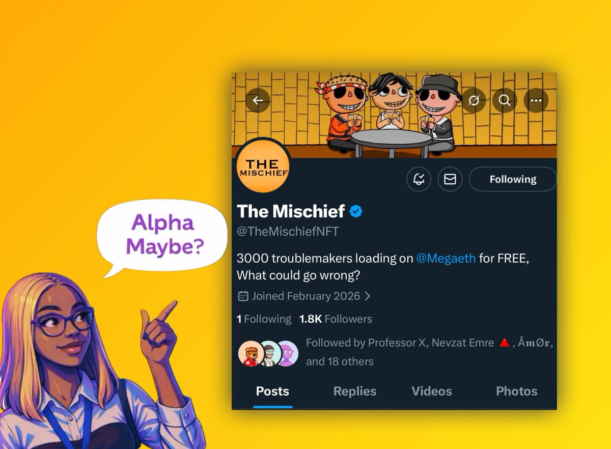 Alpha Maybe?🚨

Let’s talk about <a href="/TheMischiefNFT/">The Mischief</a> 

I caught them early at around 800 followers, and now they’ve climbed to around 1,800+ followers in a short span.

They’re currently positioning themselves as a community-first project, and launching a 3,000 on-chain