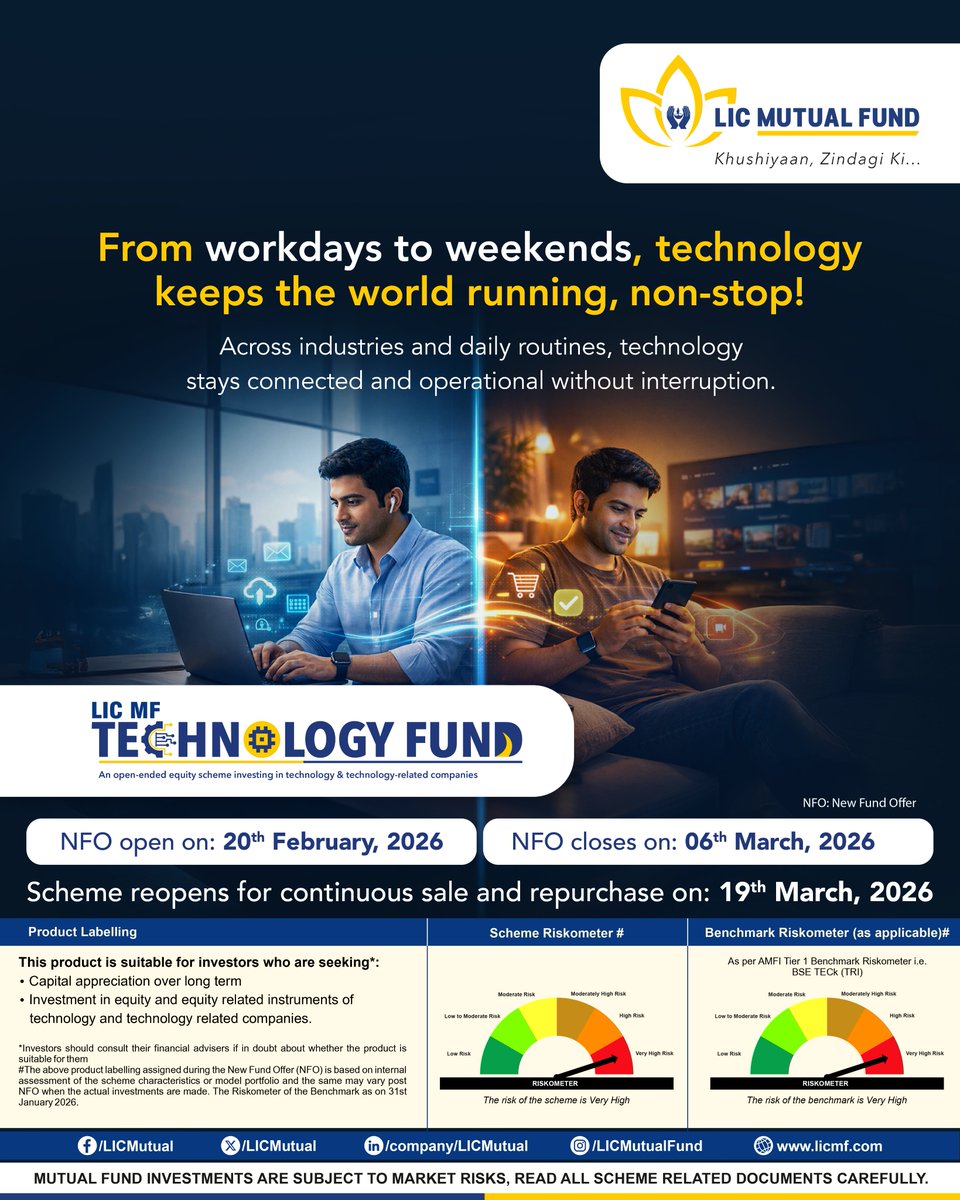 licmutual's tweet photo. ⚙️Technology doesn’t pause, it keeps everything moving, no matter how our routines shift.
🚀 NFO is now live!
 🗓️NFO Period: 20th Feb – 6th March 2026
 🔍Click to know more: https://t.co/VmYaJV04fa
💼 Invest Now: https://t.co/94Lv43K4Mt

#LICMF #TechnologyFund #TechInvesting #NFO https://t.co/gEXShVyP9c