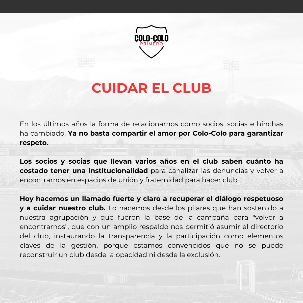colocoloprimero's tweet photo. 🗣️ Compartimos la reflexión de nuestro colectivo, sobre lo que entenmos que significa el cuidado de nuestro Club.

Participa / Infórmate 🤟
📥 contacto.colocolo.primero@gmail.com https://t.co/sUYyHwT4Se