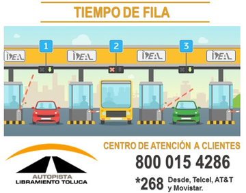 Libramiento Toluca informa su Tiempo de Fila 🚙: 
Plaza de cobro Xonacatlán: 04:47 minutos