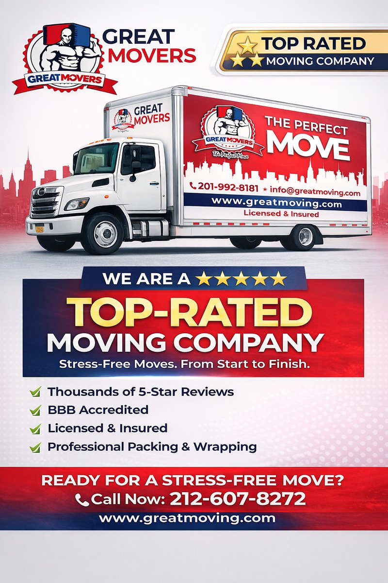 GreatMoversNY's tweet image. Thousands of happy customers.
Thousands of 5⭐ reviews.
BBB Accredited. Licensed &amp;amp; Insured.
From packing to reassembly — we handle it all.
Stress-free moving, delivered daily.
📞 212-607-8272
#GreatMovers #NYCMovers #TrustedMovers