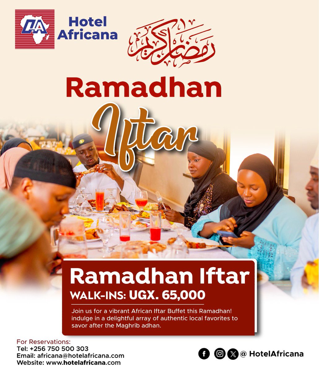 HotelAfricana's tweet photo. Join us for a delicious Iftar buffet with authentic African flavors after Maghrib adhan. 
Walk-ins welcome at UGX 65,000. 
#Ramadhan #Iftar #HotelAfricana #AfricanCuisine #BreakingFast 🌟 https://t.co/eZxTUpll7b