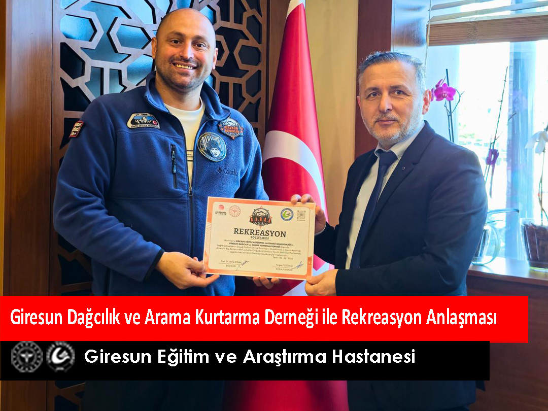 Hastanemiz  ile Giresun Dağcılık Ve Arama Kurtarma Derneği arasında, sağlık çalışanlarının sosyal, fiziksel, mental durumlarını desteklemek, boş zamanın aktif  değerlendirilmesine yönelik etkinlikler planlanması ve indirim uygulanmasına yönelik rekreasyon anlaşması imzalanmıştır.