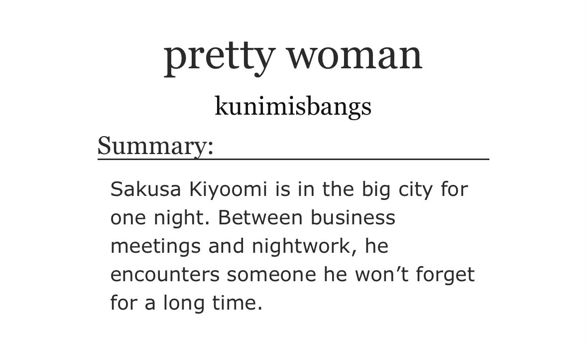 i just published chapter 1 of an old twitter thread of mine on ao3. it’s a sakuatsu retelling of pretty woman. 
give it a read if you haven’t seen it yet! 

archiveofourown.org/works/79914381…