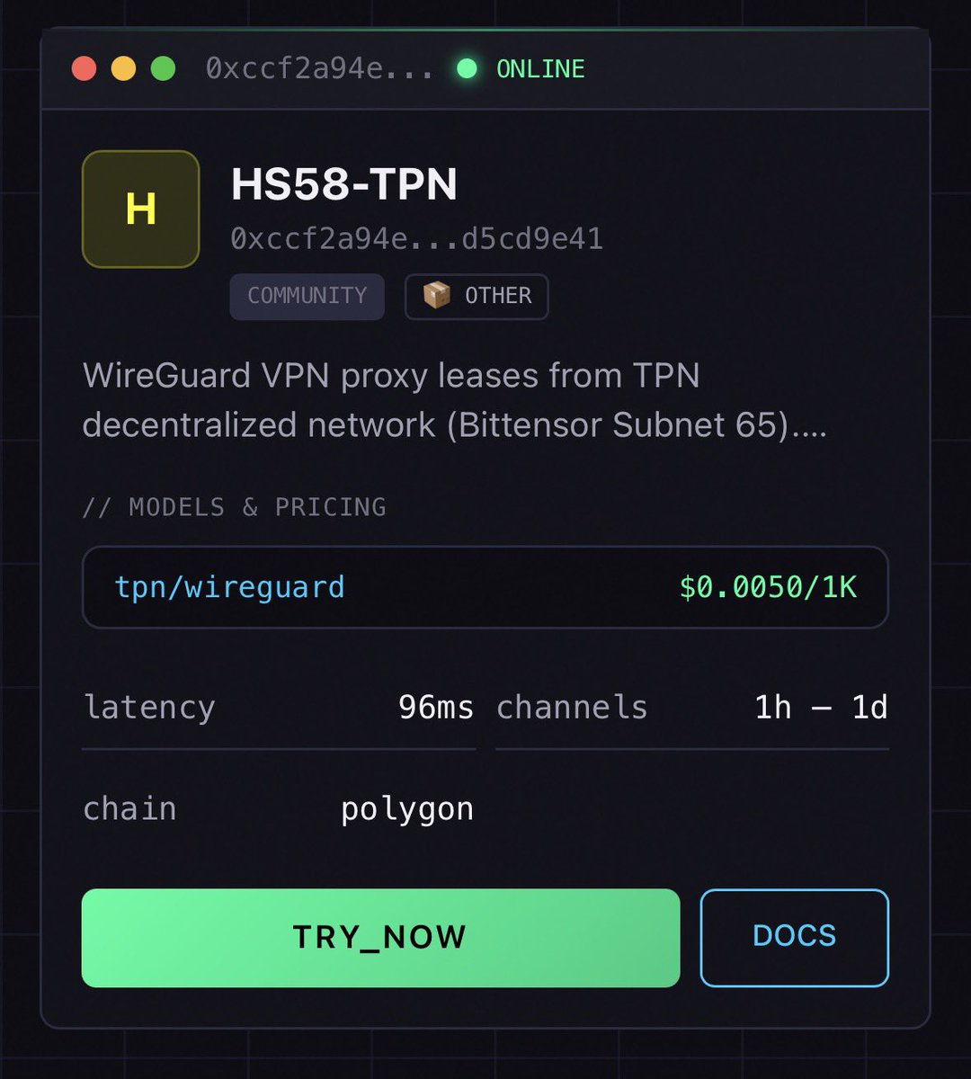🚨Subnet Partnership Announcement

We’re excited to announce that <a href="/TPN_Labs/">Tao Private Network</a> (Subnet 65) is now LIVE on Handshake Marketplace.

AI agents can now buy their own VPN for $0.001.

Why this is important….

It means AGENTS can:  - Use the internet from different countries  - Avoid