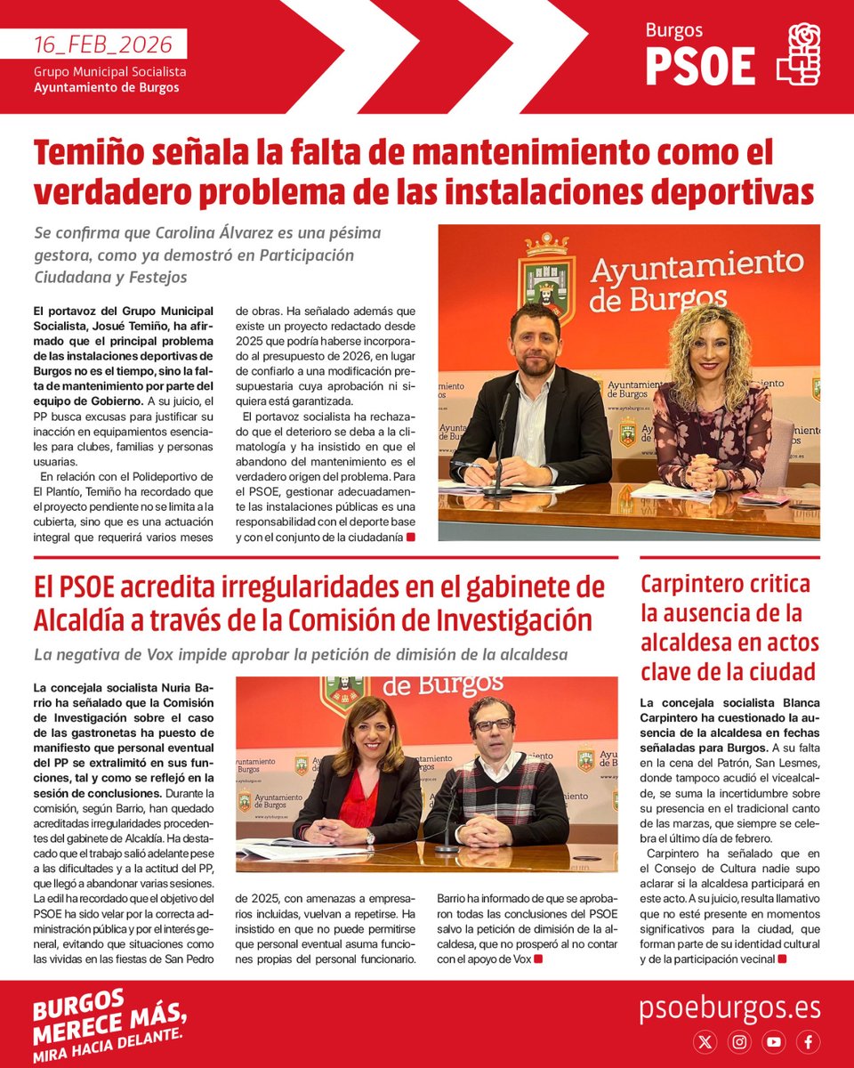 📍Boletín 

❌El problema de las instalaciones deportivas es la falta de mantenimiento, no el tiempo

❌La alcaldesa está desaparecida

❌Demostramos a través de la Comisión de Investigación las irregularidades por parte del gabinete de alcaldía

➡️psoeburgos.es
