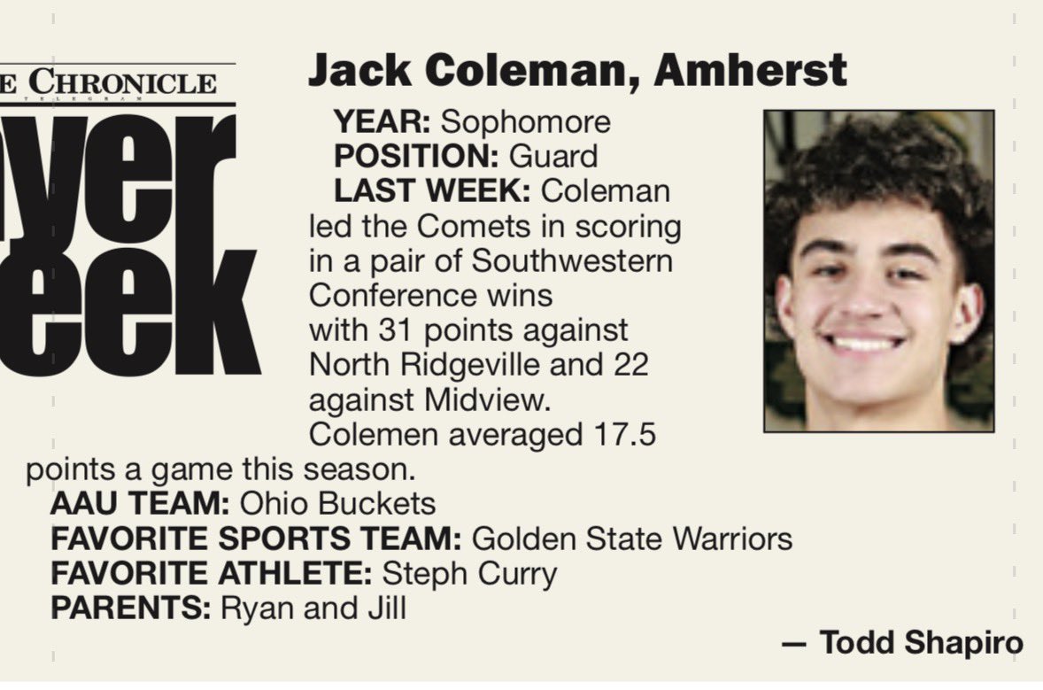 SteeleComets's tweet photo. Congratulations to Jack Coleman on being named the Boys Basketball Chronicle Telegram Player of the Week! https://t.co/YDN05DoSPg