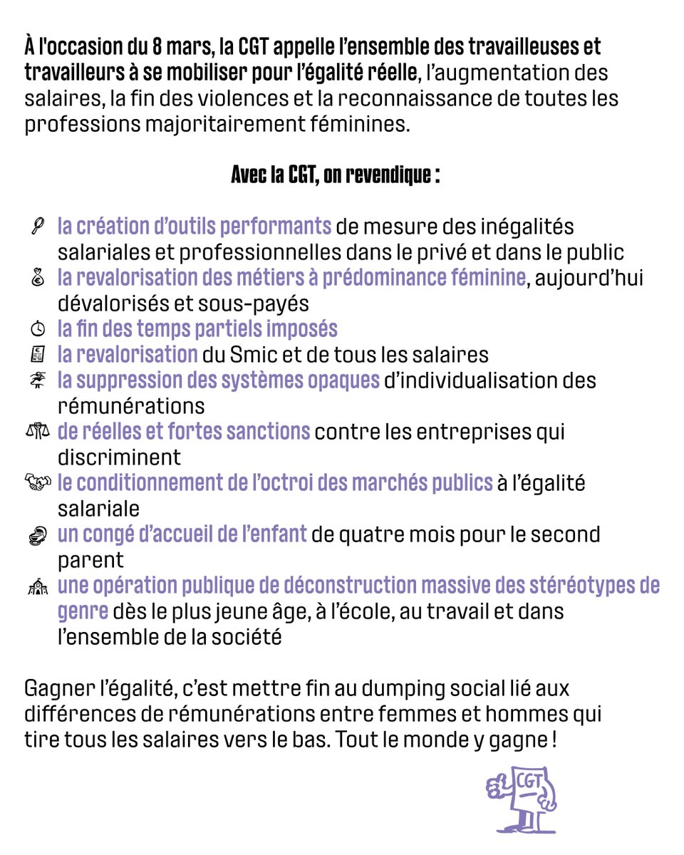 lacgtcommunique's tweet photo. ✊ À l'occasion du 8 mars, la CGT appelle l’ensemble des travailleur·euses à se mobiliser pour l’égalité réelle, l’augmentation des salaires, la fin des violences et la reconnaissance de toutes les professions majoritairement féminines.

➡️ Plus d'infos : https://t.co/w165PxwZLr https://t.co/mXSA8QJ5Rh