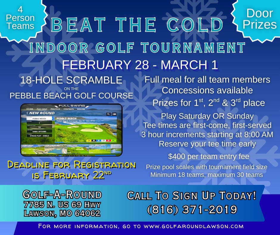 There's only a few days left to register for the upcoming tournament! Be sure to call and register today! You don't want to miss this!
