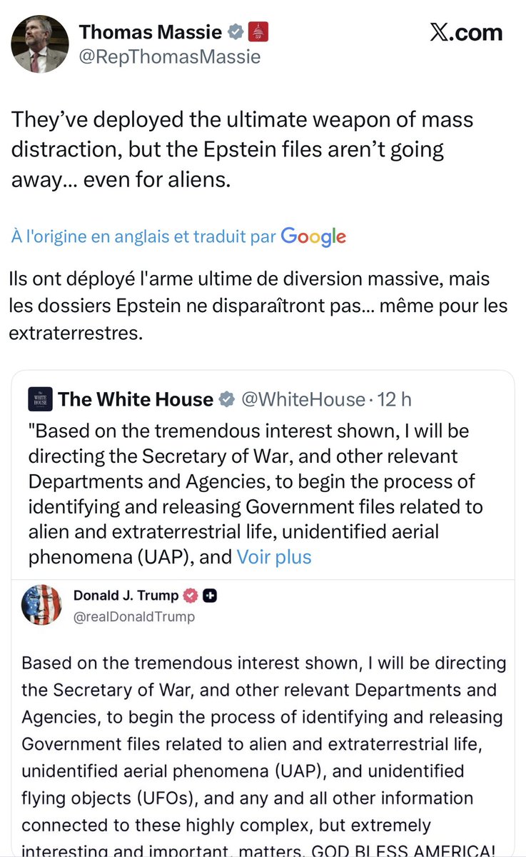 FocusMedia_Fr's tweet photo. 🇺🇸🏛️👽 FLASH - Thomas Massie dénonce la manœuvre de Trump visant à détourner l’attention de l’affaire Epstein 

« Ils ont déployé l'arme L’ARME ULTIME DE DIVERSION MASSIVE, mais les dossiers Epstein ne disparaîtront pas... même pour les extraterrestres. » https://t.co/HaZJCqhAyg