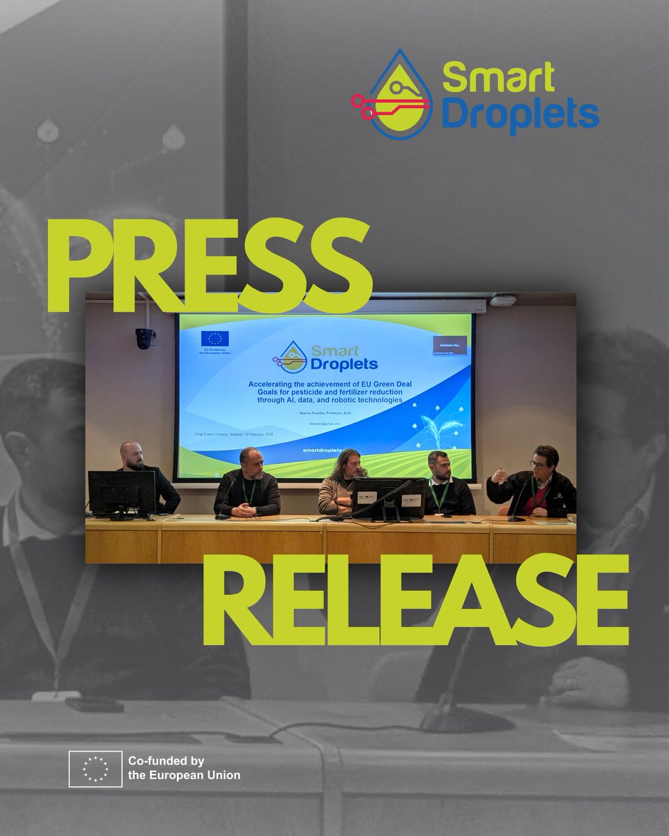 SmartDroplets's tweet photo. 🚜 A new #SmartDroplets Press Release is out!

From our Final Event in Athens: the next step for agricultural robotics isn’t only better performance, it’s market readiness and real adoption.

Read it now:🔗https://t.co/7NoE2HambE

#HorizonEU #AgriTech #SmartFarming #DigitalTwins https://t.co/m0HGrTm6hs