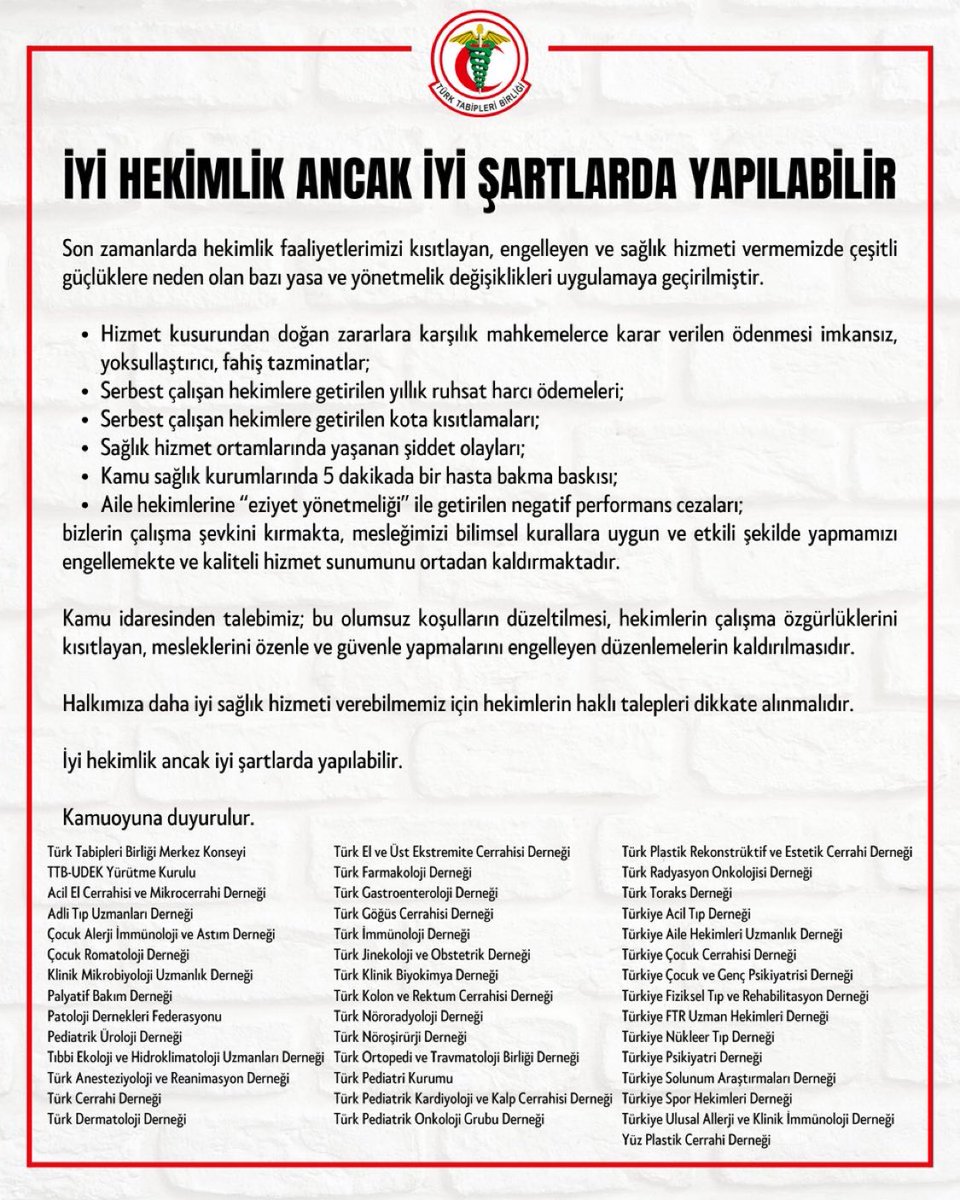 İyi hekimlik ancak iyi şartlarda yapılabilir. 

Halkımıza daha iyi sağlık hizmeti verebilmemiz için hekimlerin haklı talepleri dikkate alınmalıdır.
👇👇👇