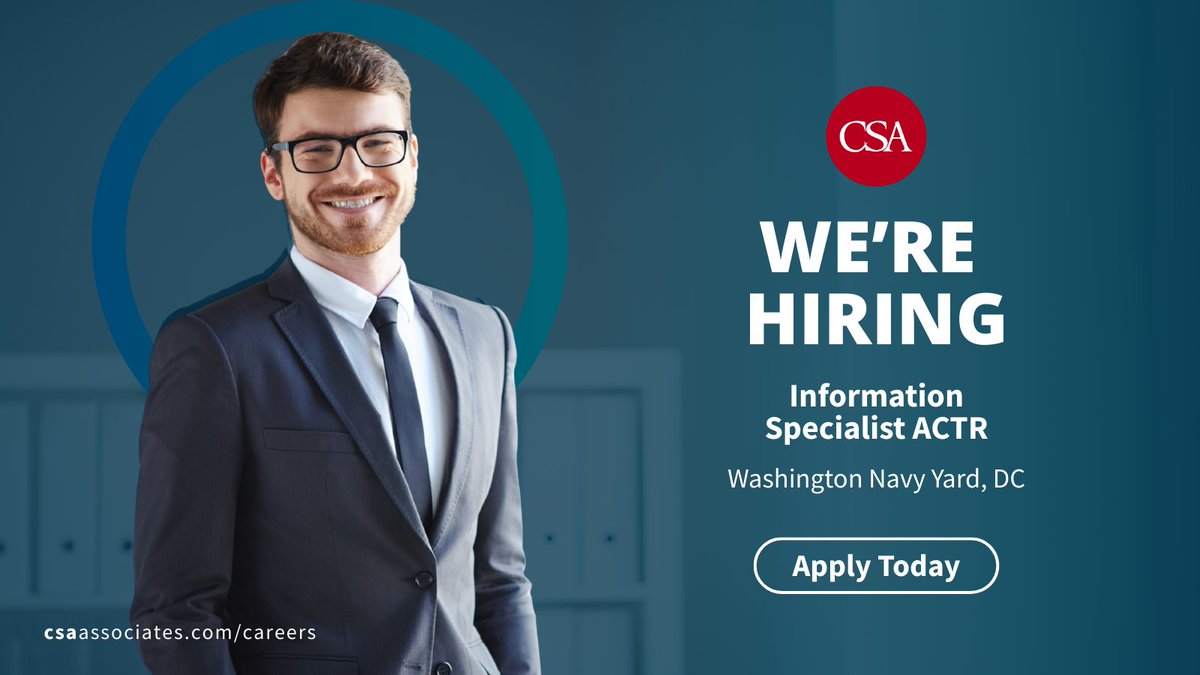 Hiring an Information Specialist I / HQ ACTR, full-time role supporting Navy &amp; Marine Corps Internet and plays a critical role in IT coordination, asset management, VIP support, and service validation.
Apply: csaassociates.com/careers
#Hiring #ClearedJobs #DefenseCareers