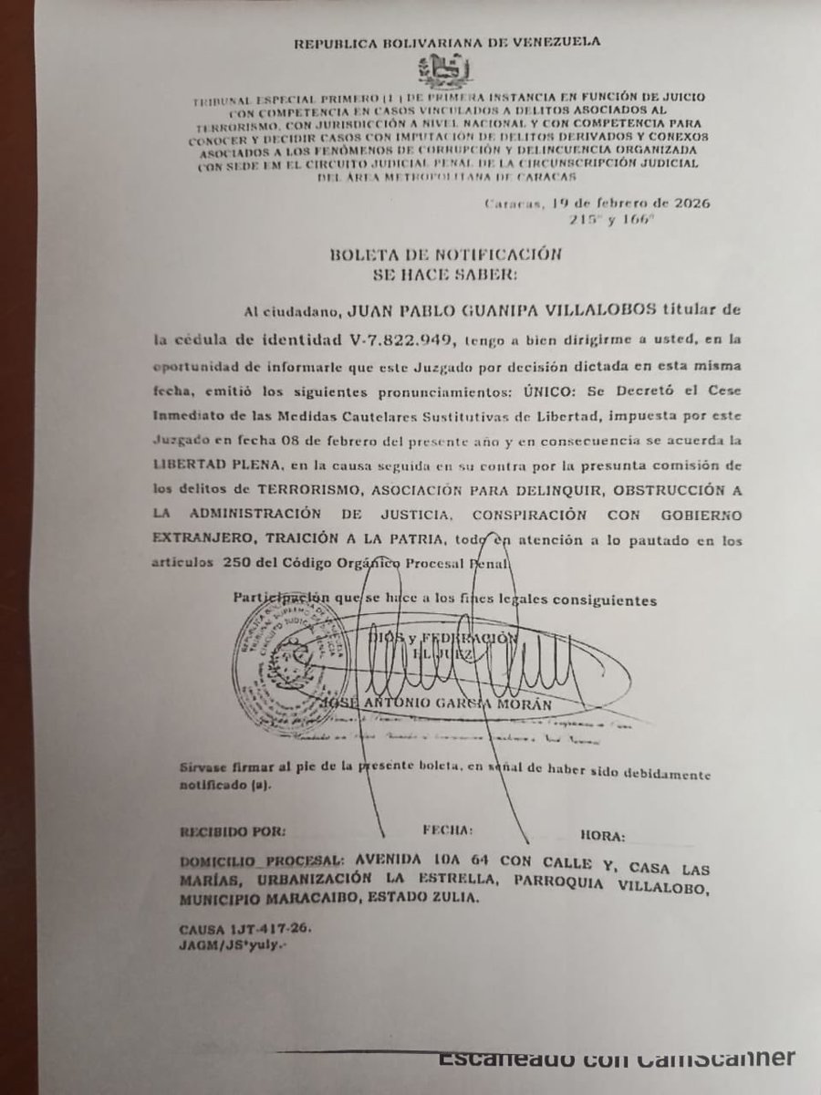 Documento donde expresa cese de las medidas impuestas por el tribunal a <a href="/JuanPGuanipa/">Juan Pablo Guanipa</a>