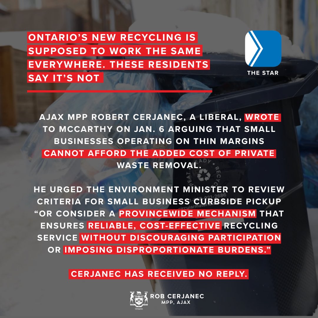 Standing up for small businesses in Durham Region! A greener environment means preventing recyclable material from going into the garbage and landfills.

Making small businesses already operating on thin margins choose between high fees, throwing recycling in the trash, or taking