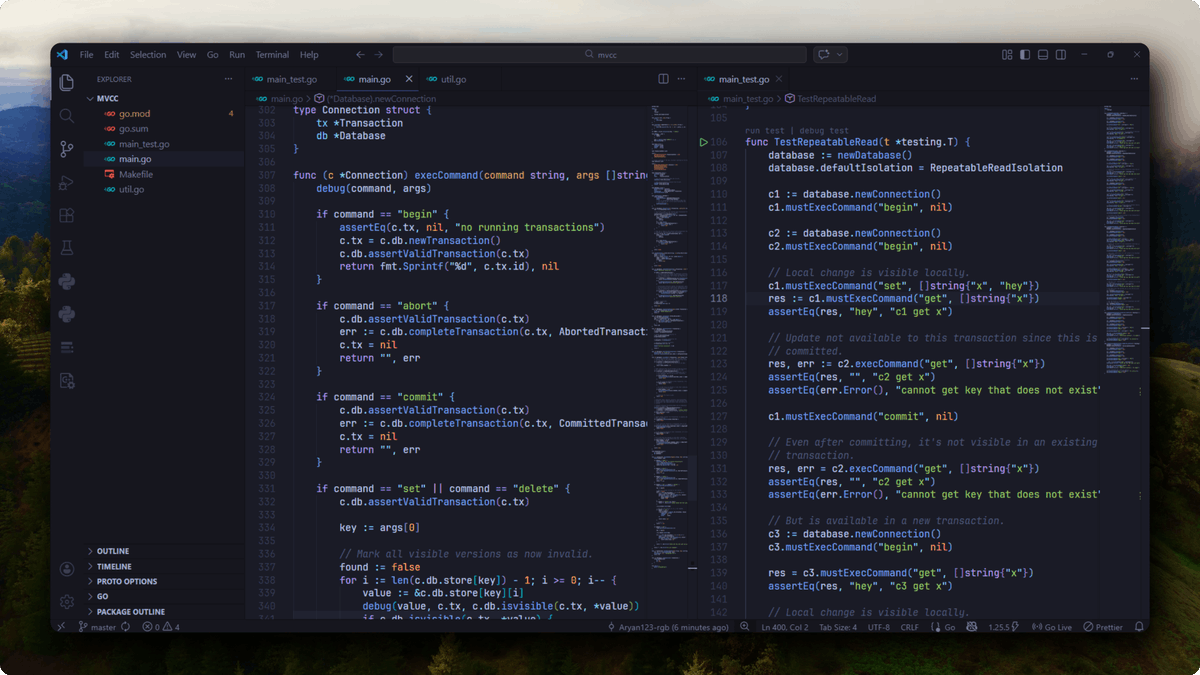 finally done with the implementation of mvcc, implemented all 4 isolation levels (read uncommitted, read committed, repeatable read, snapshot isolation, serilizable isolation)

planning to add some more features, and 2 phase locking and optimistic concurrency control. Will try to