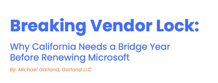 CoalitionForFSL's tweet photo. 👀NEW REPORT: Ahead of CA’s planned renewal of a massive, 5-year software contract with Microsoft, expert Michael Garland argues the state should use leverage to save taxpayer $, improve innovation &amp; focus on competition, diversity, and interoperability.

https://t.co/DvsYWh4bEe https://t.co/IdaxlB1PKh