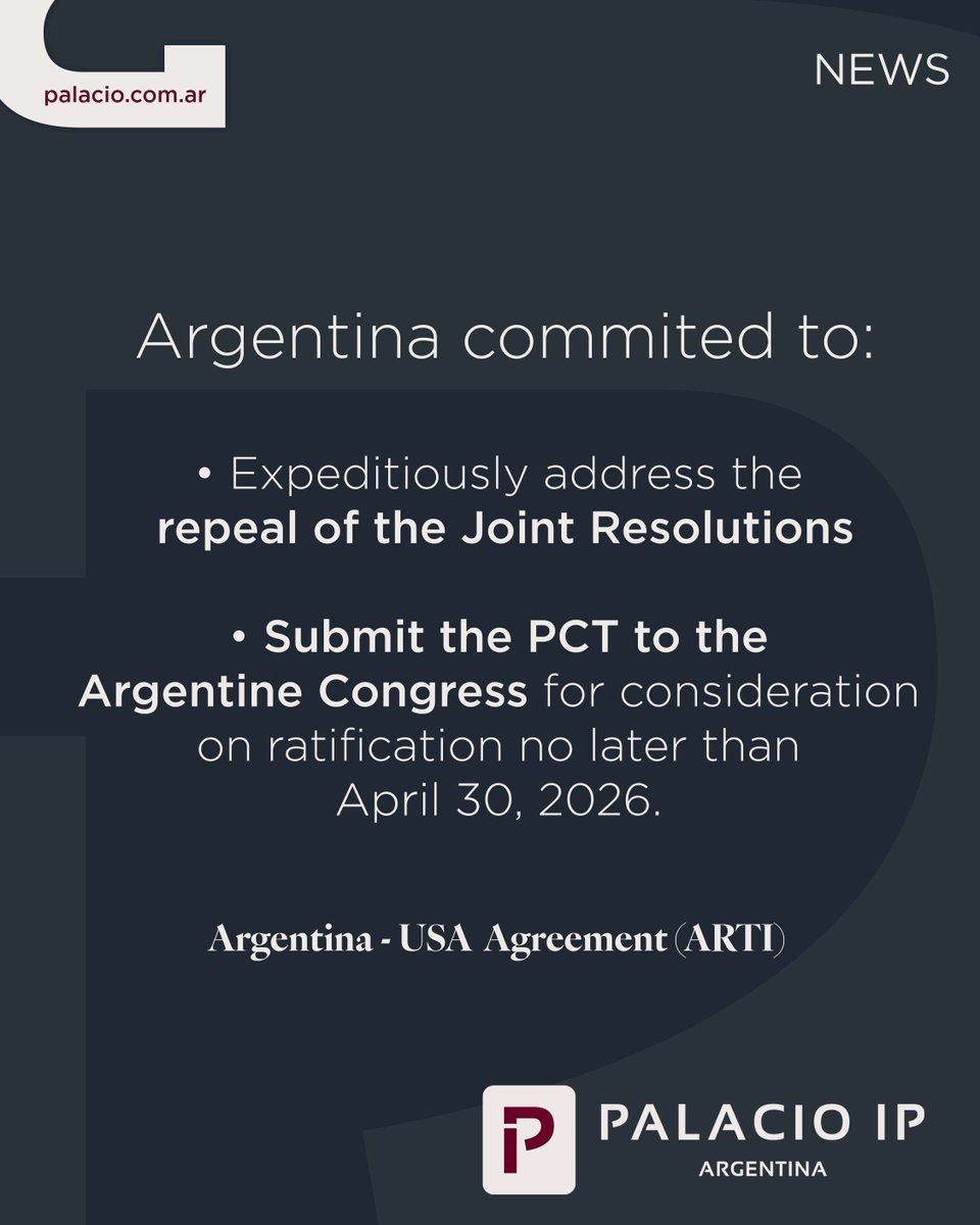 PalacioYAsoc's tweet photo. Argentina-USA Agreement on Reciprocal Trade and Investment (ARTI): impact on Patent prosecution in Argentina.

Full article: https://t.co/xgefNWLSk2 https://t.co/Y0tyAEcHmx