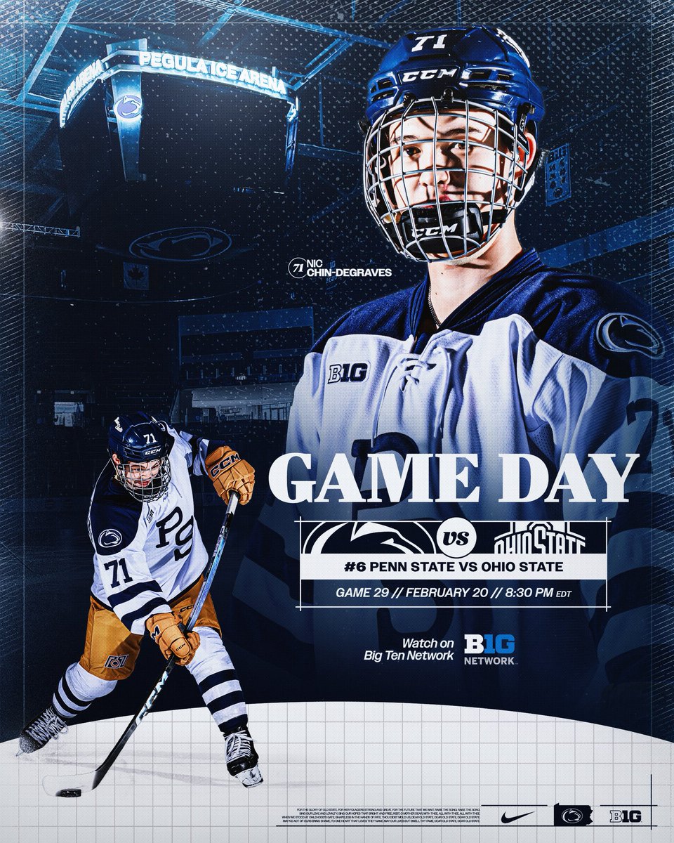 PennStateMHKY's tweet photo. 🚨 GAME DAY 🚨

🆚 Ohio State 
📍 Pegula Ice Arena
⌚️ 8:30 p.m.

🎟️ https://t.co/07Jx10RnNd

📺 @BigTenNetwork
📹 https://t.co/FPGgoNtaxF
📻 https://t.co/H4kiiEB6t6
📊 https://t.co/LtxgSlLFht

#WeAre #HockeyValley #BeatOSU https://t.co/Rx8kmta4NW
