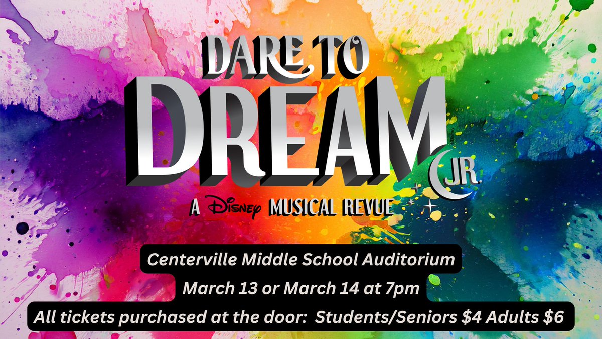 Join us for the Middle School Musical “Dare To Dream, Jr.” on March 13 &amp; 14 at 7:00 PM at Centerville Middle School!

🎟️ Tickets are available at the door:
Students/Seniors – $4
Adults – $6

Support our talented CMS &amp; LMS performers and stage crew. #BlackKnightPride ❤️🖤