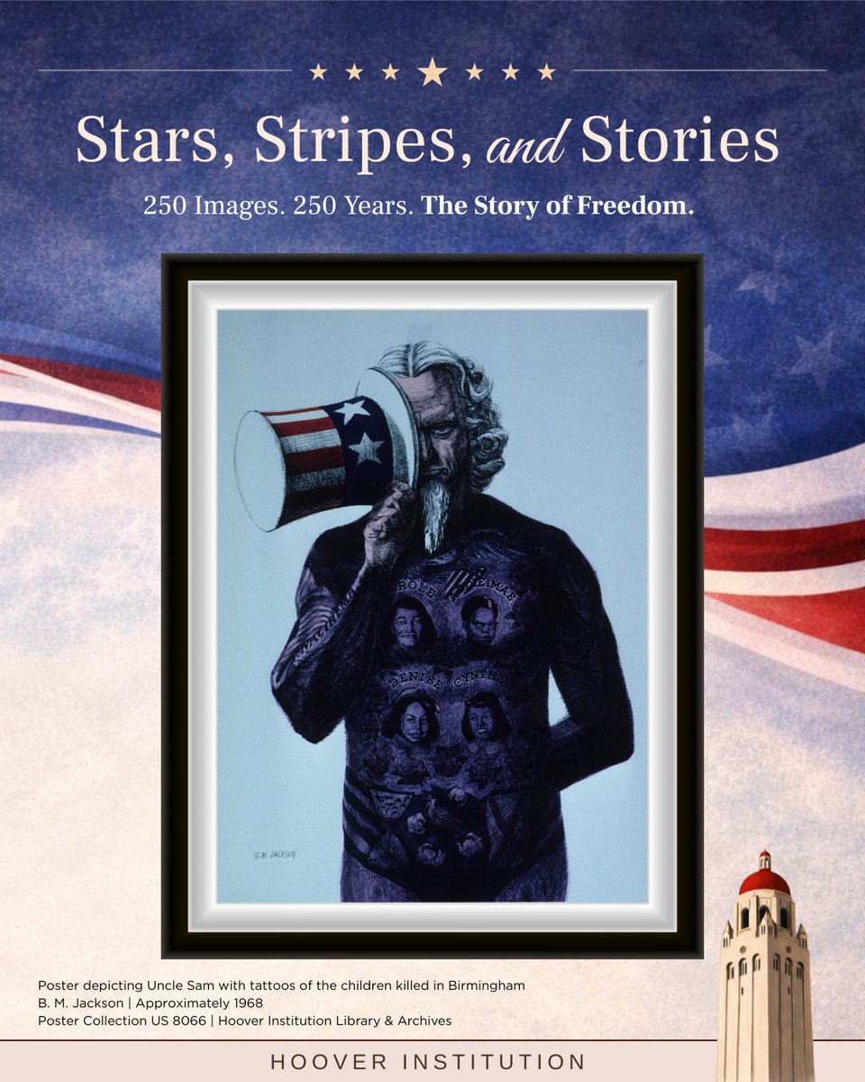 This drawing depicts Uncle Sam concealing his face behind his hat, his body tattooed with the portraits of the four girls killed in the 1963 bombing of the 16th Street Baptist Church in Birmingham, Alabama, which became a popular rallying point for civil rights activists. The