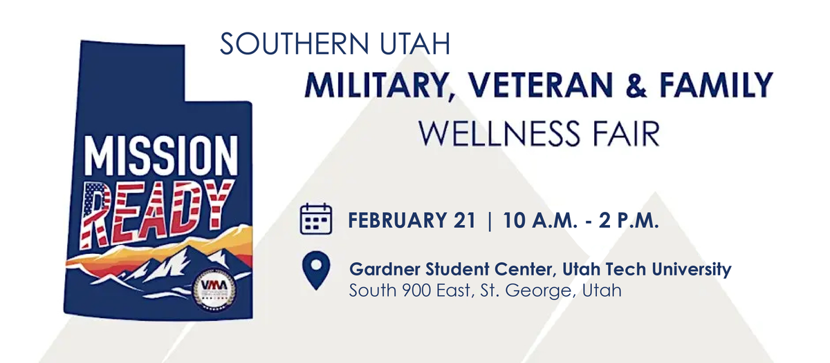 TOMORROW! St. George and Surrounding Veterans. Don't forget the Military, Veteran &amp; Family Wellness Fair! Feb 21 | 10 AM–2 PM
-Employment, benefits, health &amp; family resources
-Food trucks + fun for all ages
📍 Gardner Student Center, Utah Tech University
FREE ADMISSION!