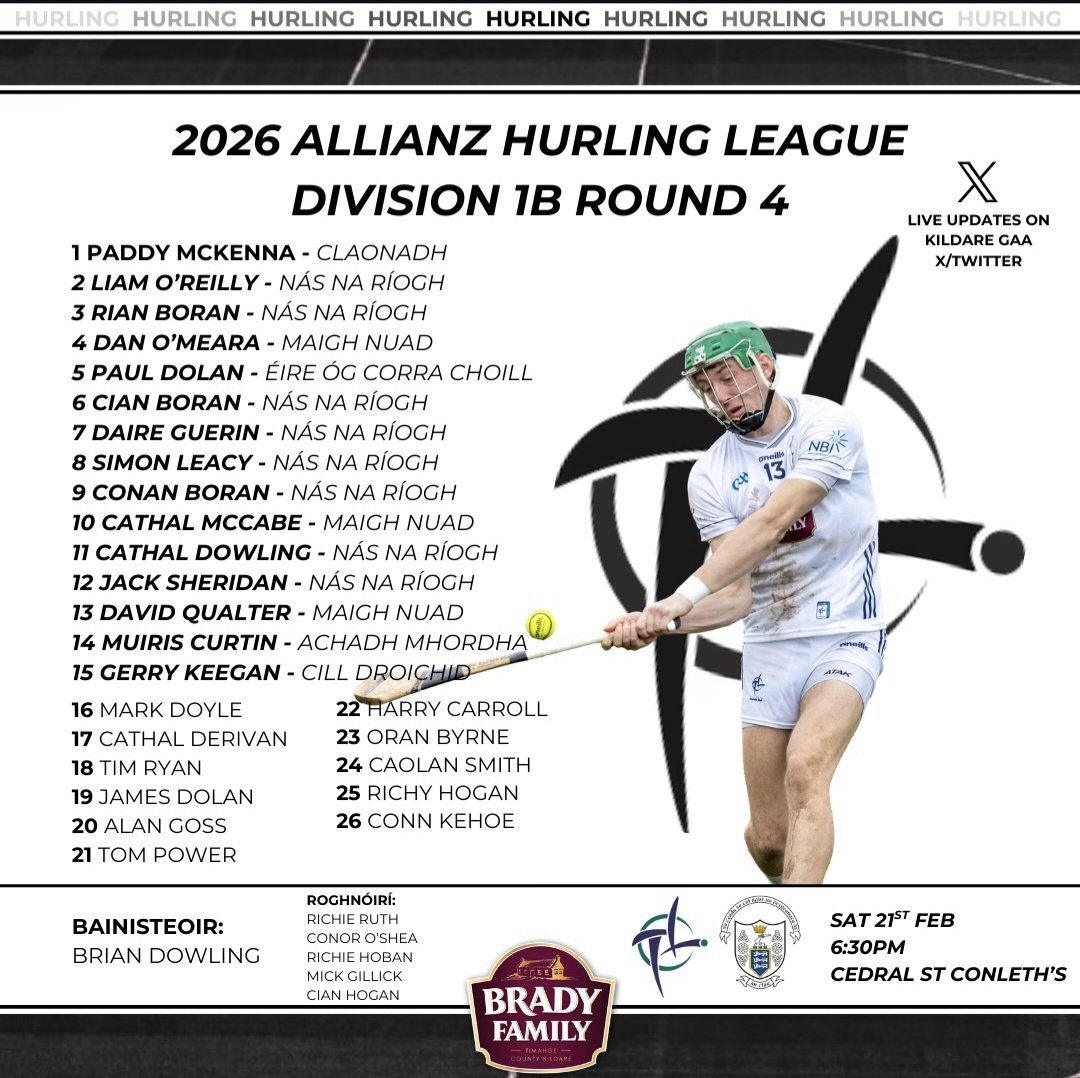 MoorefieldGaa's tweet photo. Best of luck to Muiris Curtin, Conn Kehoe and the Kildare Senior Hurling team in Round 4 of the Div. 1B Allianz Hurling League tomorrow๐ณ๏ธ
Kildare vs Clare
Venue: Cedral St. Conleths Park, 6.30pm
#KildareGAA #SupportYourCounty https://t.co/p7HKv3Gbaf
